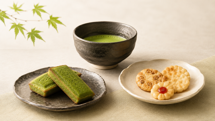 日本茶點與菓子情境圖，包含抹茶點心、米菓與日式餅乾，搭配日本抹茶享用