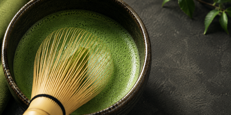 日本抹茶與茶筅茶具，呈現日式茶道與居家抹茶沖泡情境