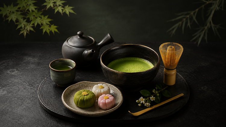 日本茶、抹茶、茶器與茶點情境圖，包含抹茶碗、茶筅、急須與日式茶點
