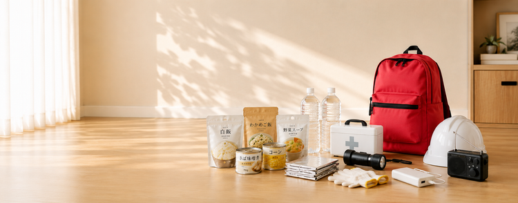 日本防災用品集合，包含地震避難包、保存水、防災食品、急救箱、手電筒與防災收音機