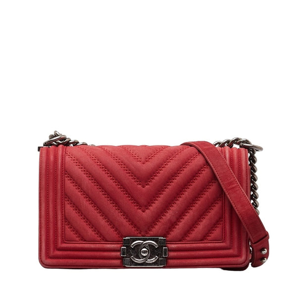 香奈兒 二手正品 中古Leboy V紋 紅色麂皮口蓋包 CHANEL Chain Shoulder Bag（Used B）