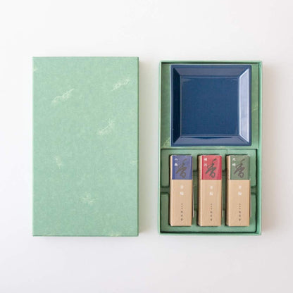 京都松榮堂 芳輪線香禮盒｜三種香味＋藍釉香皿｜日本香氛伴手禮