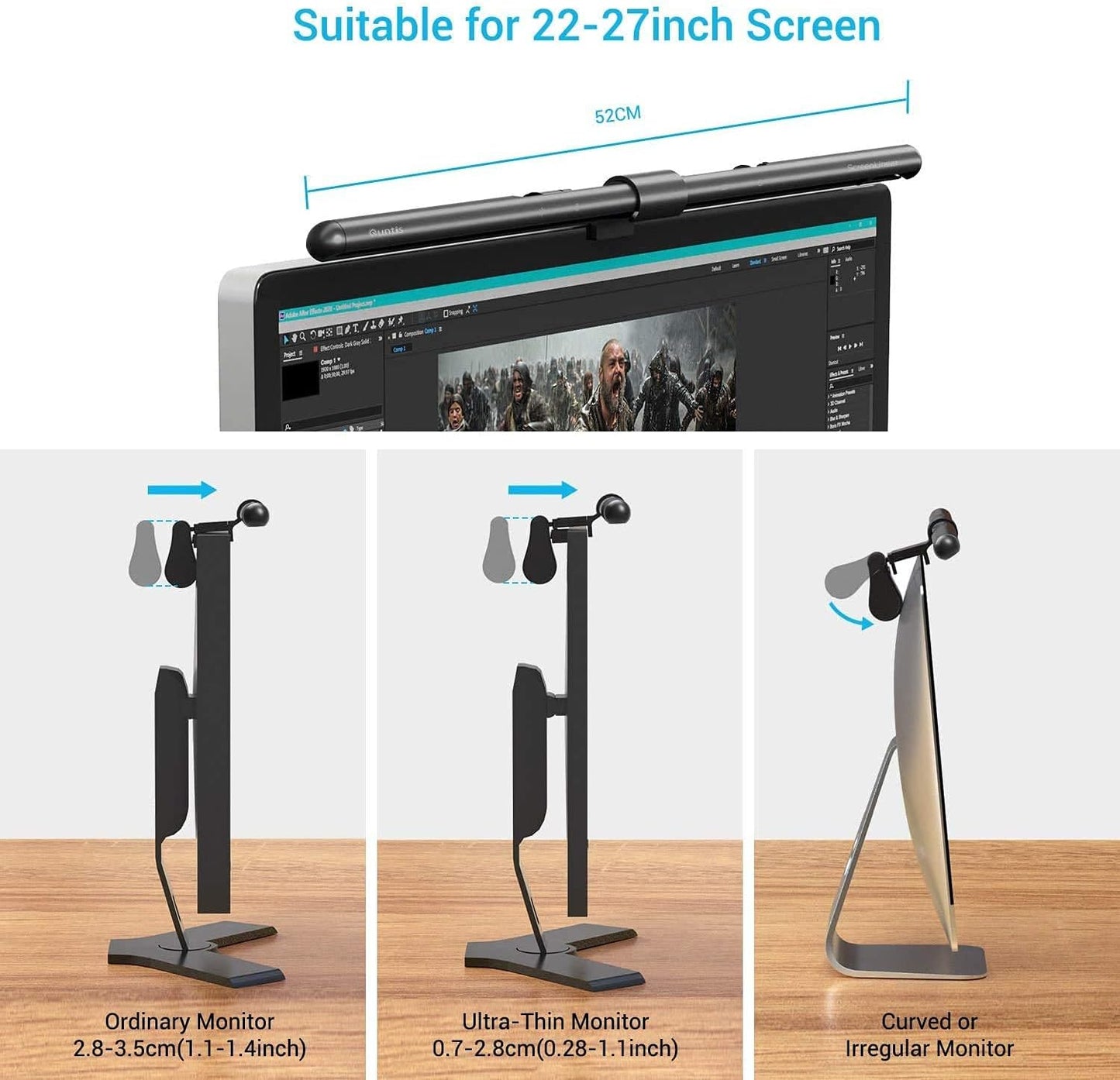 Quntis 螢幕掛燈 BasicPlus｜52cm USB 桌燈｜自動調光・無段色溫亮度