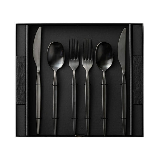 Kuros 燕三條 黑色不鏽鋼餐具禮盒 8件組｜餐刀叉匙＋餐具托 日本製高質感餐桌套組