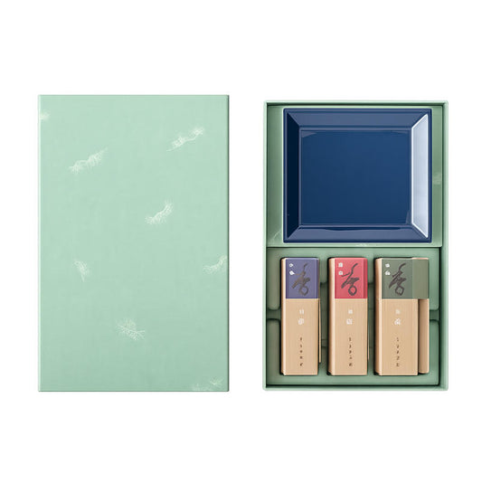 京都松榮堂 芳輪線香禮盒｜三種香味＋藍釉香皿｜日本香氛伴手禮