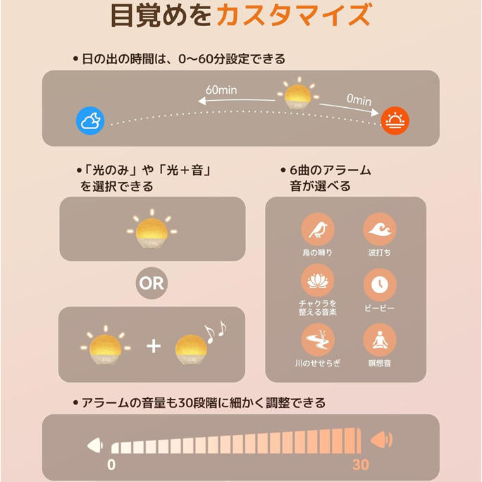 日出模擬燈 鬧鐘與燈光音樂與音量設定功能
