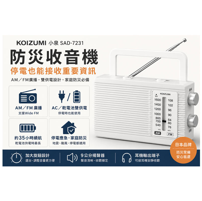 KOIZUMI 小泉 SAD-7231 防災收音機 AM/FM雙供電 說明