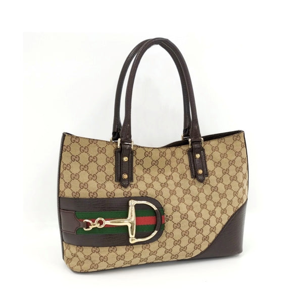 古馳 二手正品 中古GG老花馬銜扣帆布托特包 GUCCI Horse Bit GG Canvas Tote Bag（Used B）